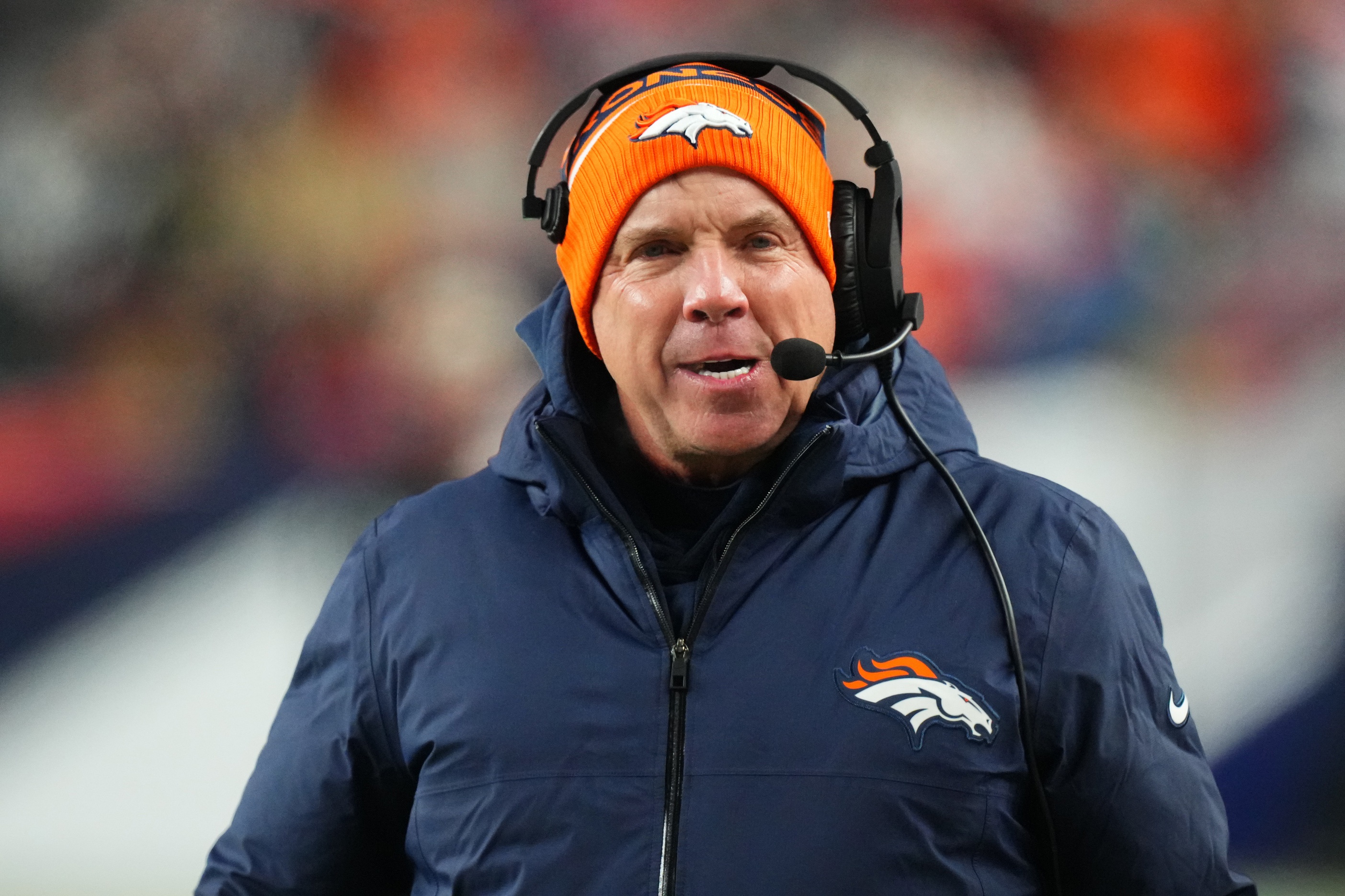 Denver Broncos head coach Sean Payton in the first quarter against the New England Patriots at Empower Field at Mile High.